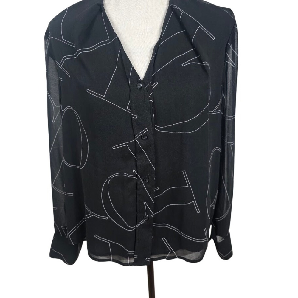 Calvin Klein Blouse Womens L Black White Logo Print Office Long Sleeve  Academic